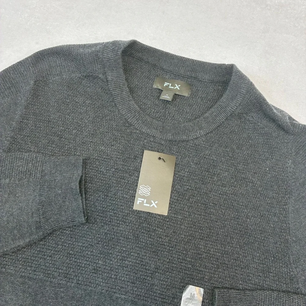 FLX Crewneck Sweater Mens Medium Gray Textured Knit Long Sleeve Pullover New